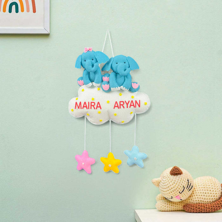 Personalized Handmade Elephant Theme Felt Kids Name Plate For Siblings