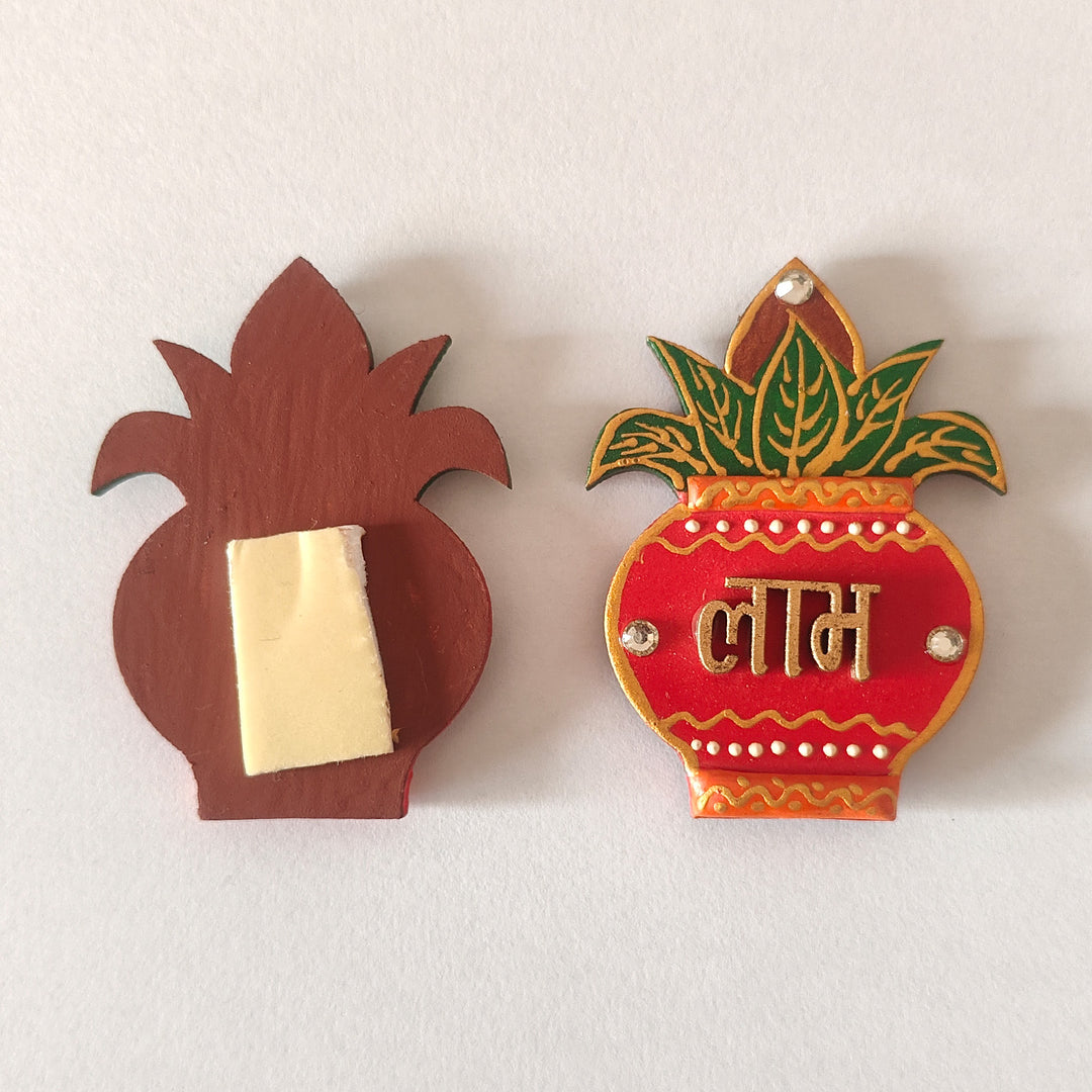 Set Of 2 | "Kalash Shubh Laabh" Handcrafted Paper Mache Wall Decor With Layered Detailing For Pooja Room Decoration