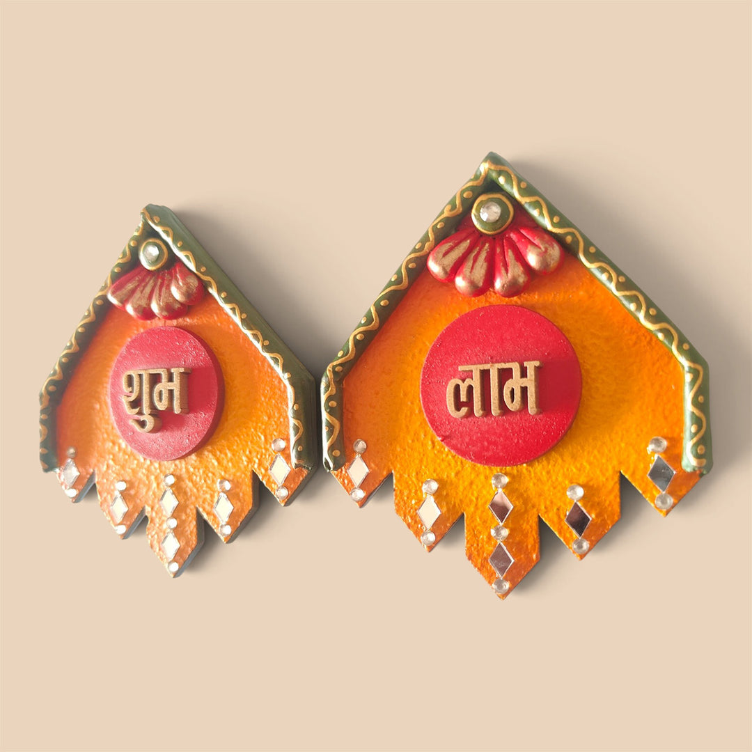 Set Of 2 | "Small Kite Shubh Laabh" Handcrafted Paper Mache Wall Decor With Layered Detailing For Festive Decoration