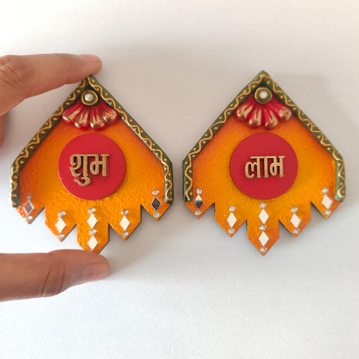 Set Of 2 | "Small Kite Shubh Laabh" Handcrafted Paper Mache Wall Decor With Layered Detailing For Festive Decoration