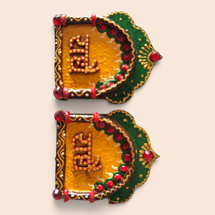 Set Of 2 | "Antique Jharokha Radhe Radhe" Handcrafted Paper Mache Wall Decor With Antique Finish For Pooja Room Decoration