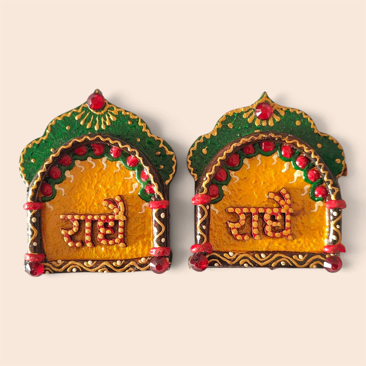 Set Of 2 | "Antique Jharokha Radhe Radhe" Handcrafted Paper Mache Wall Decor With Antique Finish For Pooja Room Decoration