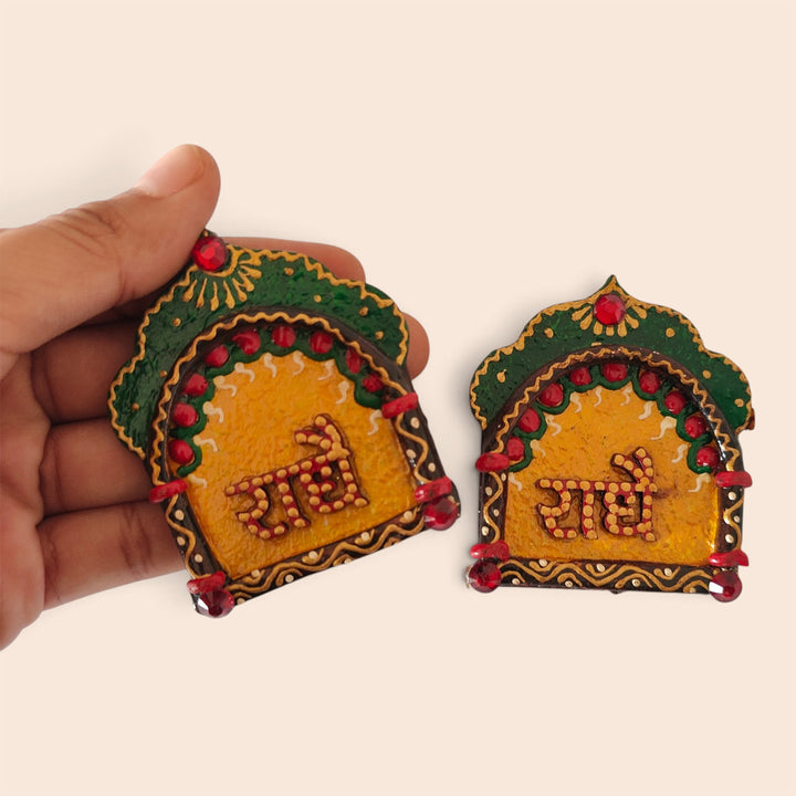 Set Of 2 | "Antique Jharokha Radhe Radhe" Handcrafted Paper Mache Wall Decor With Antique Finish For Pooja Room Decoration