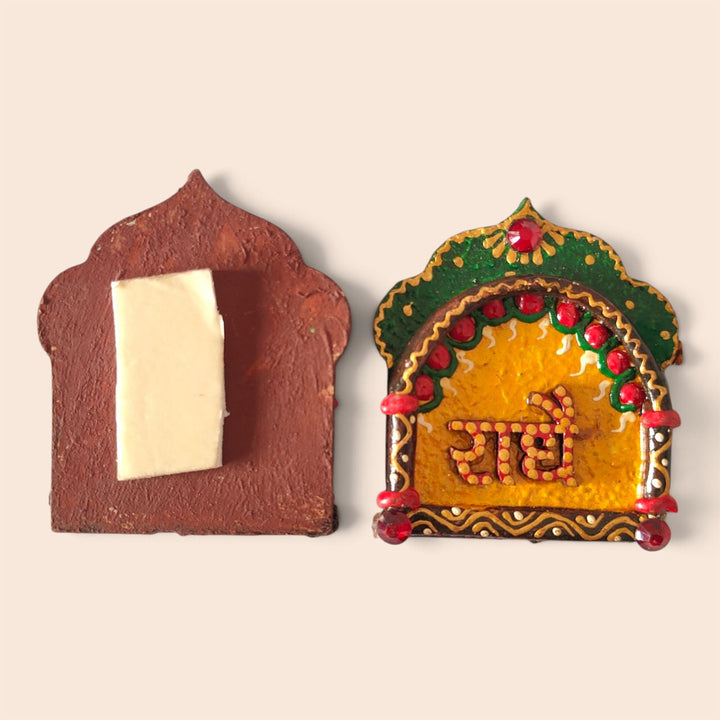 Set Of 2 | "Antique Jharokha Radhe Radhe" Handcrafted Paper Mache Wall Decor With Antique Finish For Pooja Room Decoration