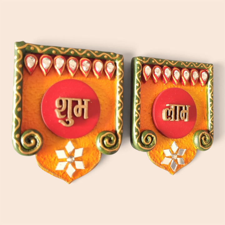 Set Of 2 | "Curly Jharokha Shubh Laabh" Handcrafted Paper Mache Wall Decor With Scalloped Arch Detailing For Festive Decoration