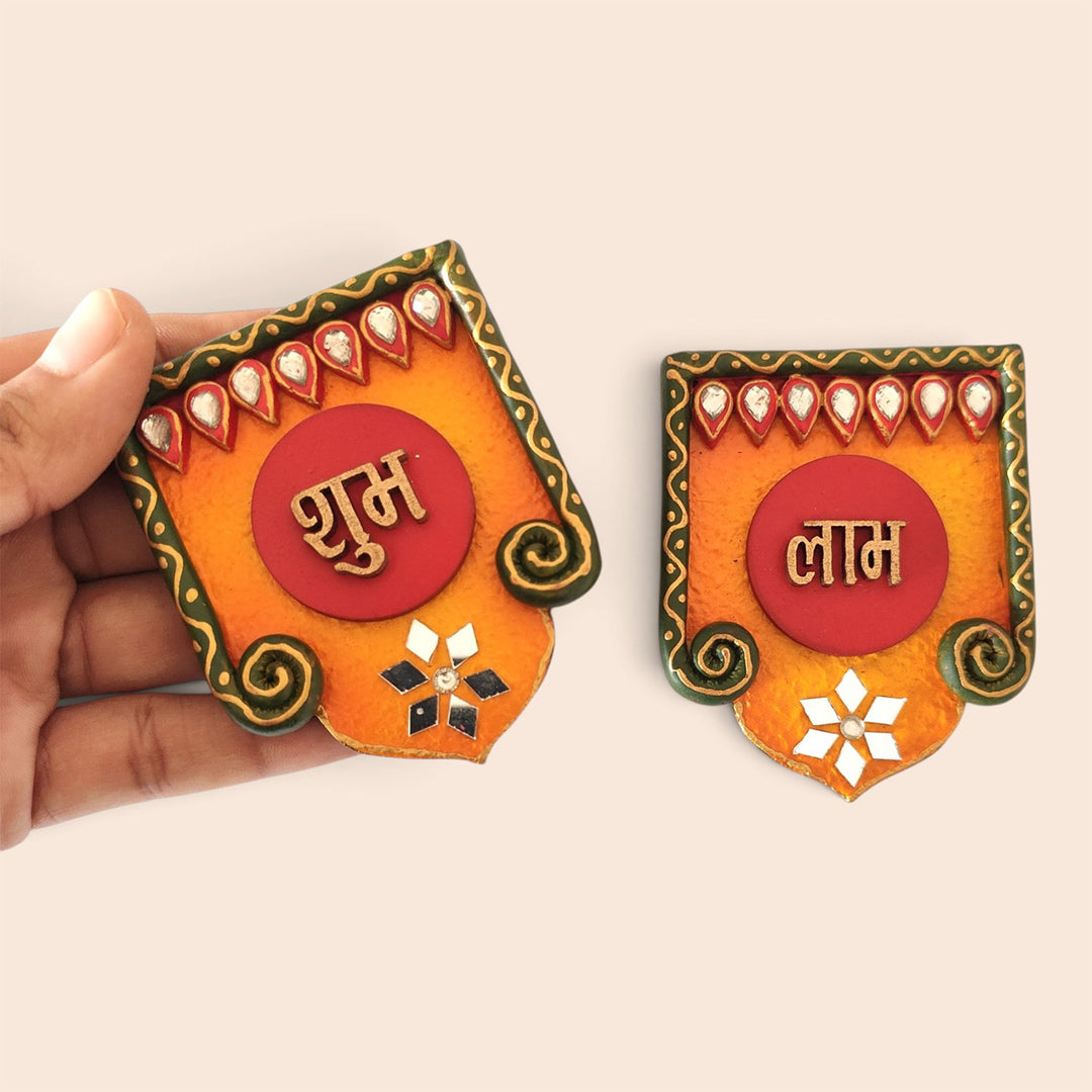 Set Of 2 | "Curly Jharokha Shubh Laabh" Handcrafted Paper Mache Wall Decor With Scalloped Arch Detailing For Festive Decoration
