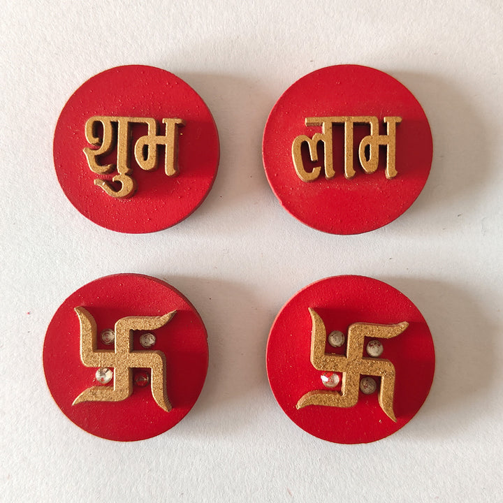 Set Of 8 | "Shubh Laabh, Sun & Saathiya" Handcrafted Paper Mache Multipack Wall Decor With Four Motif Pairs For Festive Decoration