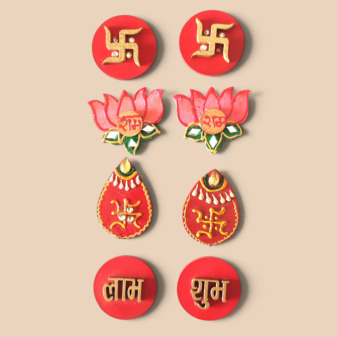 Set Of 8 | "Shubh Laabh, Sun & Saathiya" Handcrafted Paper Mache Multipack Wall Decor With Four Motif Pairs For Festive Decoration