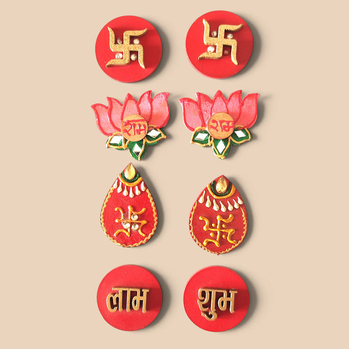 Set Of 8 | "Shubh Laabh, Sun & Saathiya" Handcrafted Paper Mache Multipack Wall Decor With Four Motif Pairs For Festive Decoration