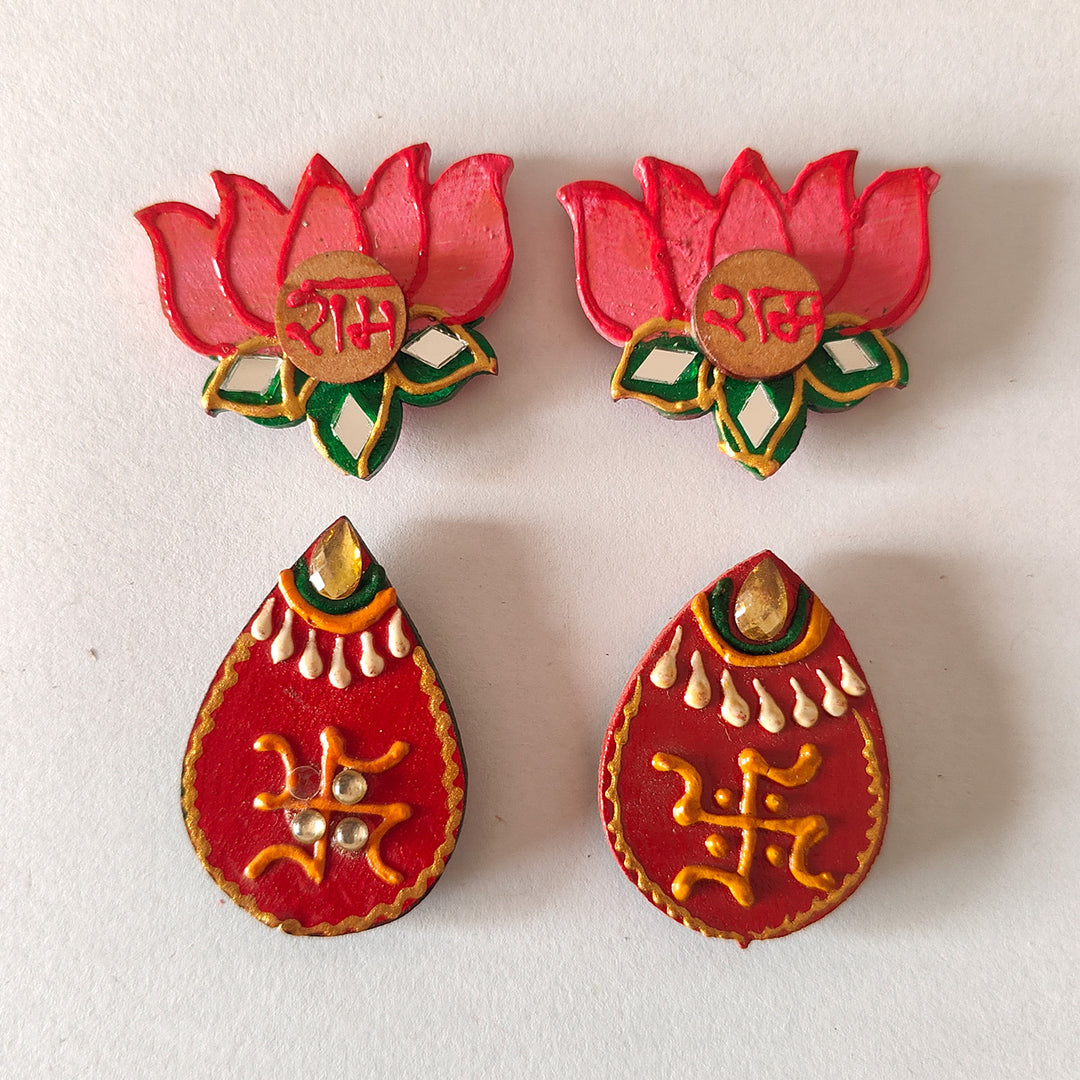 Set Of 8 | "Shubh Laabh, Sun & Saathiya" Handcrafted Paper Mache Multipack Wall Decor With Four Motif Pairs For Festive Decoration