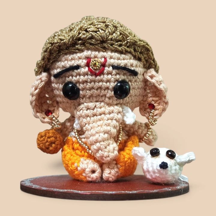 Handmade Crochet Ganesh Idol Cotton Golu Doll With Zari Mukut For Festive Decor