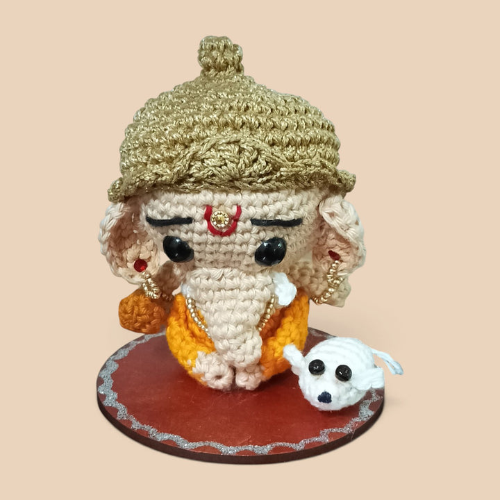 Handmade Crochet Ganesh Idol Cotton Golu Doll With Zari Mukut For Festive Decor