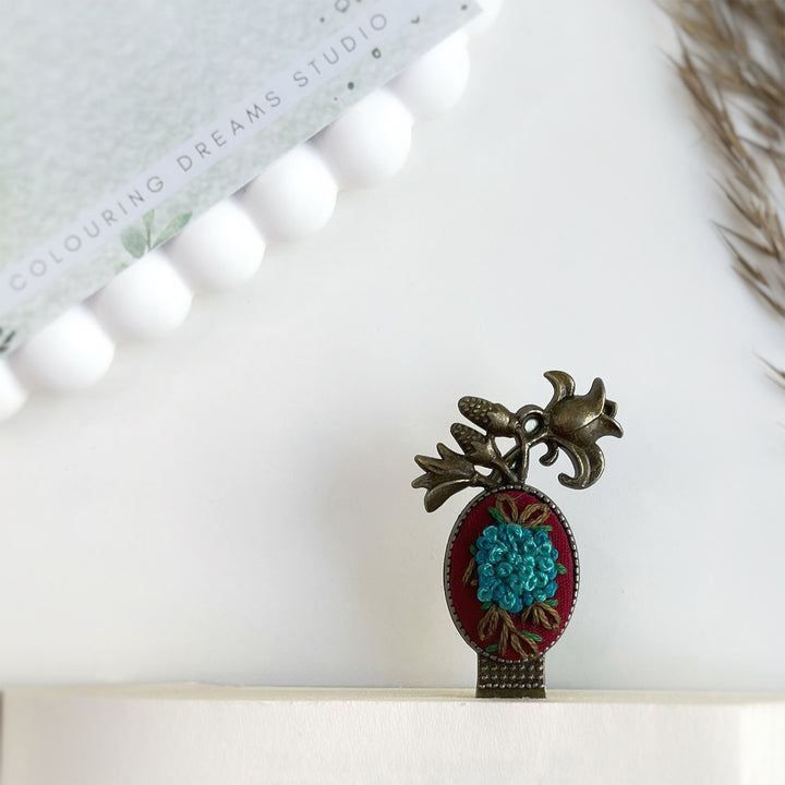 Hand Embroidered Tales In Teal Bronze Bookmark