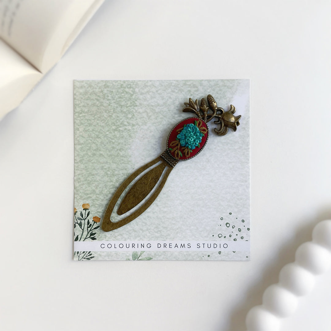Hand Embroidered Tales In Teal Bronze Bookmark