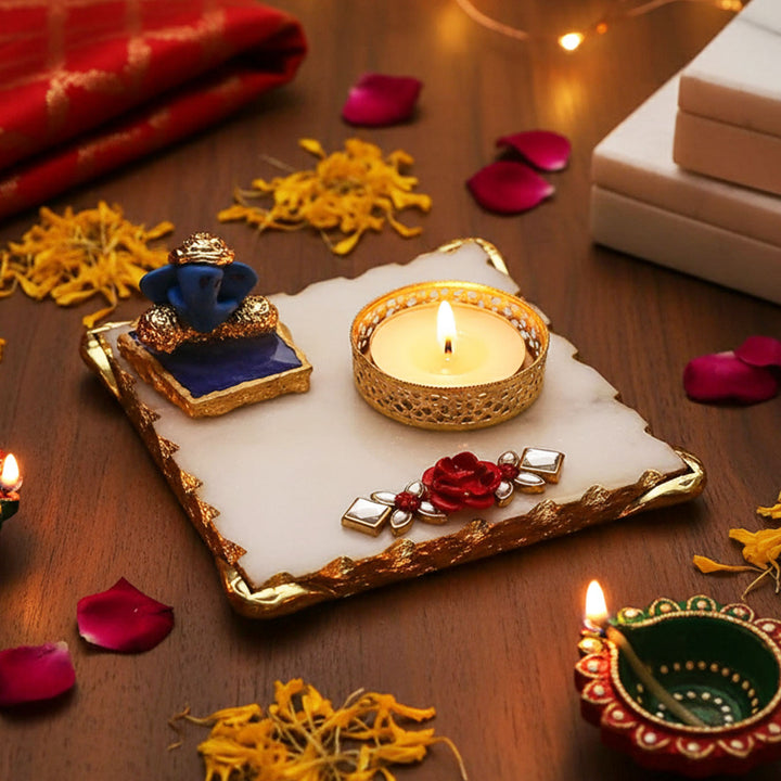 Handmade Blue Ganesha With Marble Pooja Chowki And Tea Light Holder