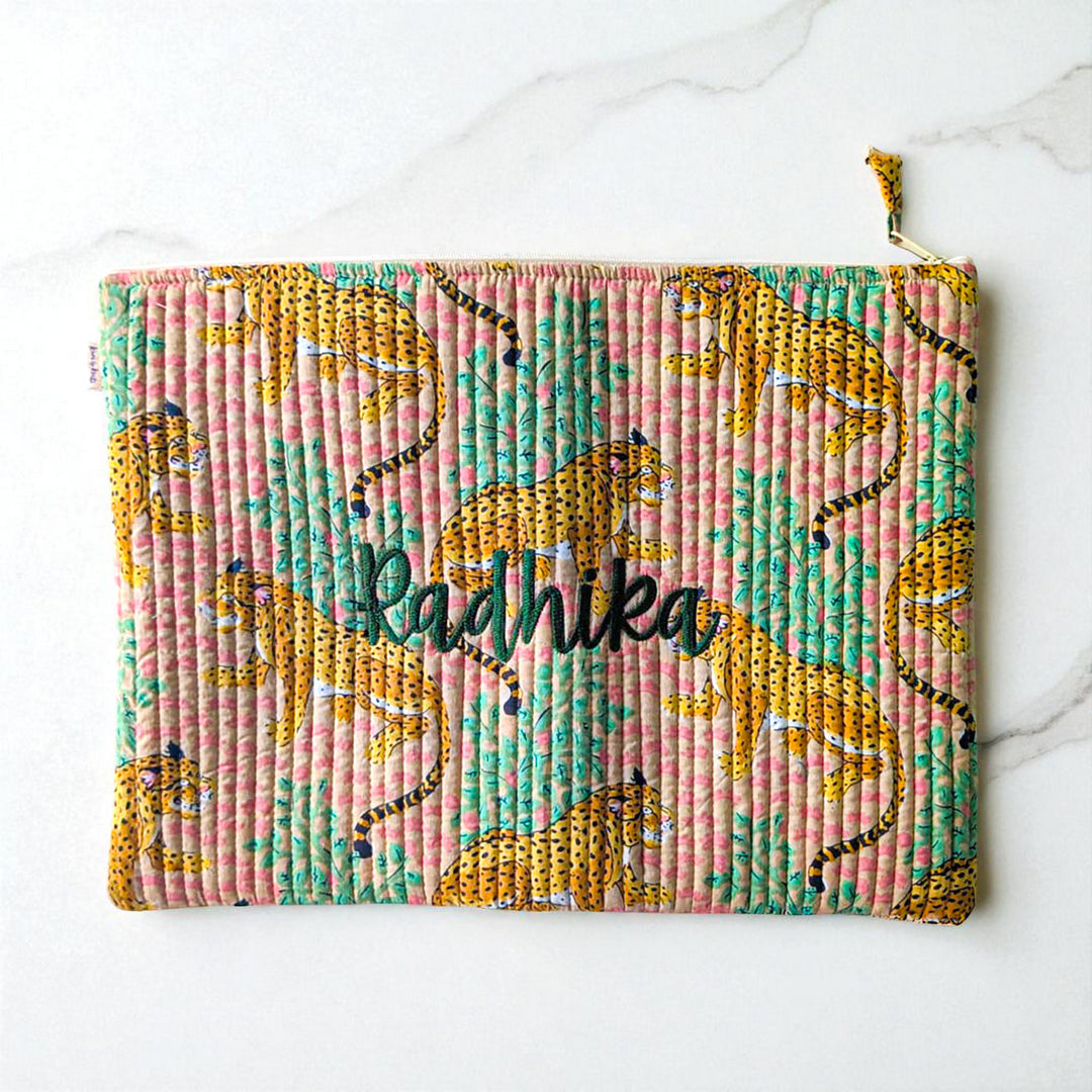 Personalized Handmade Block Printed Cheeta Theme Cotton Laptop Sleeve | 15 x 10 Inch