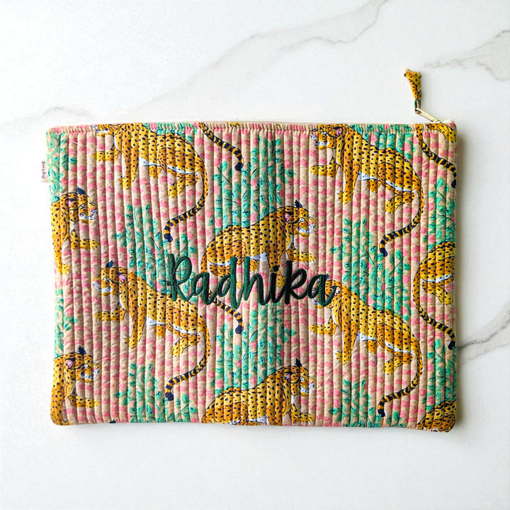 Personalized Handmade Block Printed Cheeta Theme Cotton Laptop Sleeve | 15 x 10 Inch