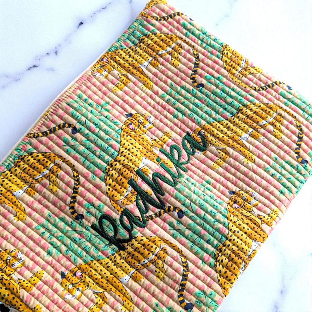 Personalized Handmade Block Printed Cheeta Theme Cotton Laptop Sleeve | 15 x 10 Inch