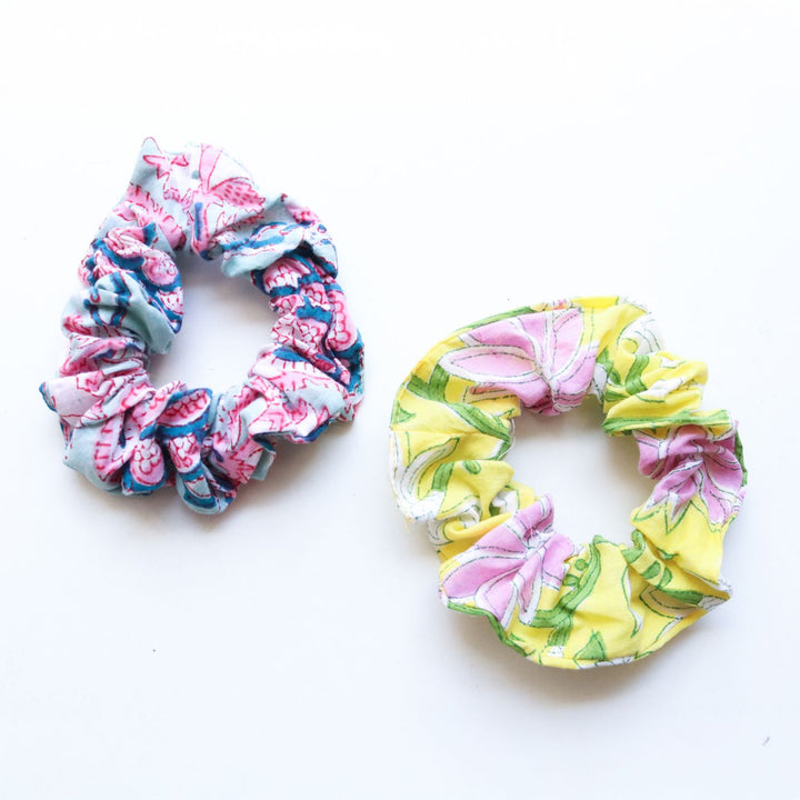 Assorted Handmade Block Printed Soft & Stretchy Cotton Scrunchies | Set Of 10
