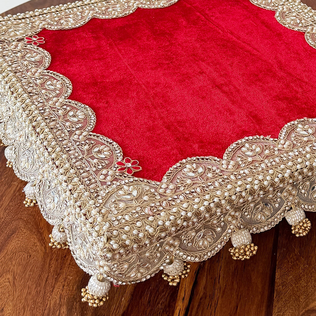 Velvet Fabric Square Pooja Chowki For Home Temple Pooja Decor