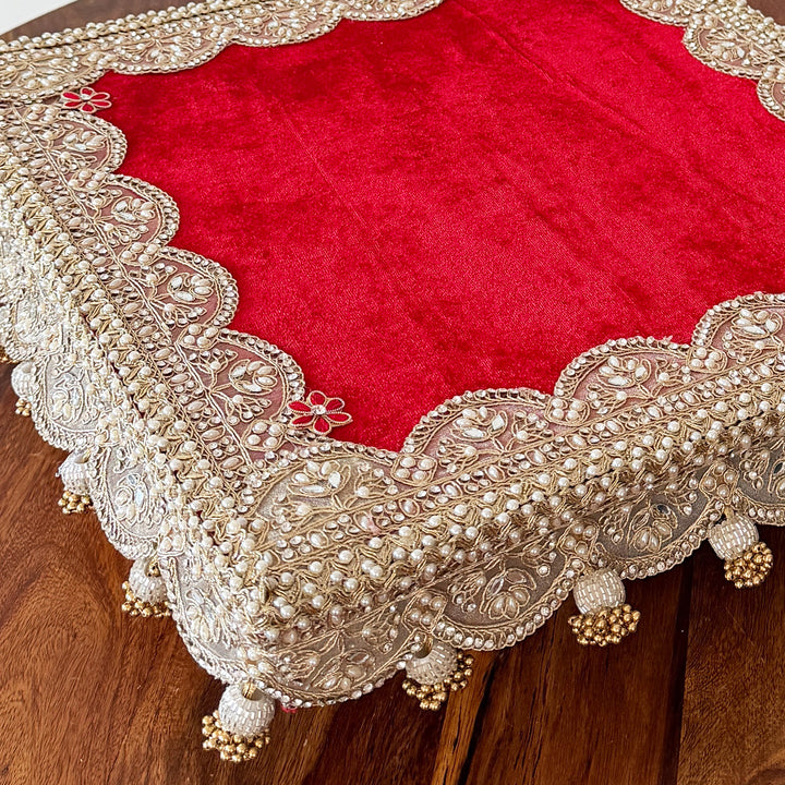 Velvet Fabric Square Pooja Chowki For Home Temple Pooja Decor