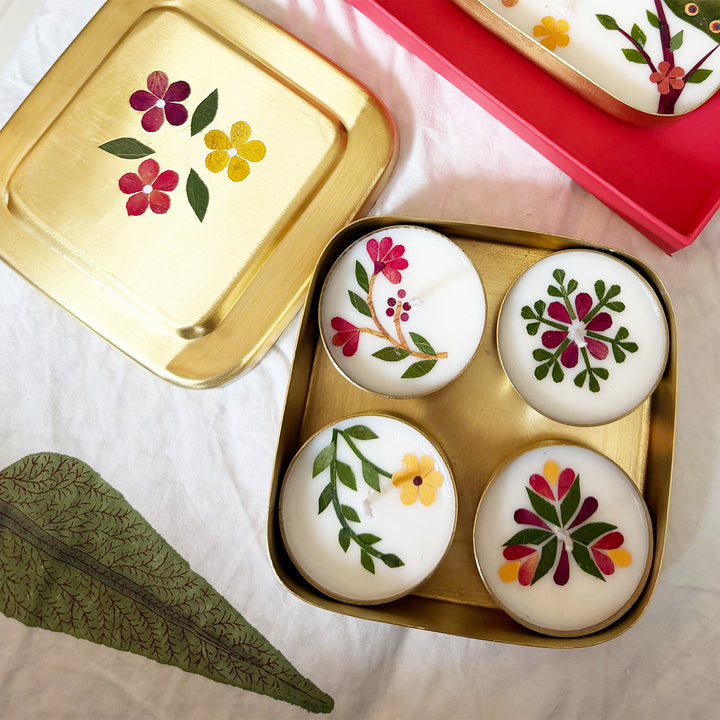 Set of 4 | Handmade Soy Wax & Pressed Flower Diyas/Candles With Elegant Brass Box For Festive Celebrations
