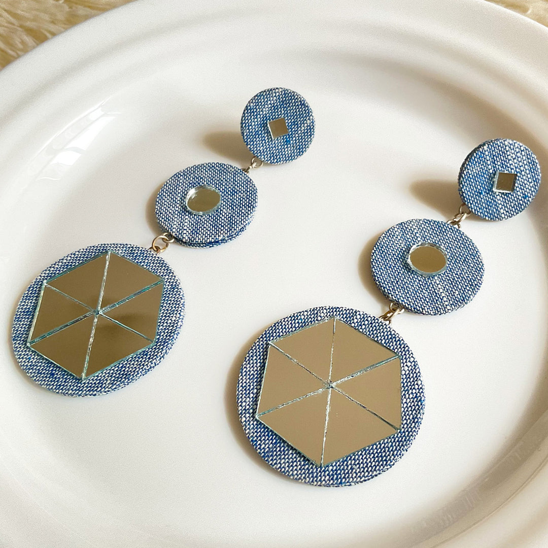 Handmade Layered Mirror Work Denim Earrings