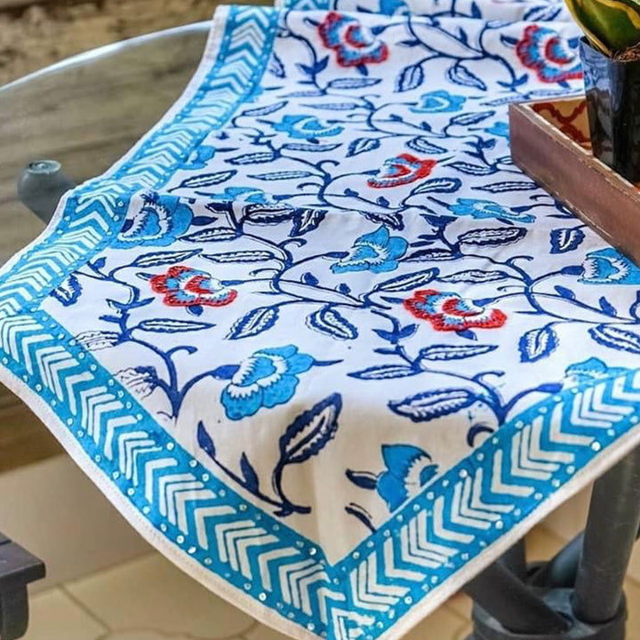 Blue And White Cotton Continual Floral Table Runner
