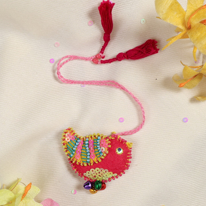 Hand Embroidered Pink Little Bird Charm Felt Lumba With Keychain For Girls