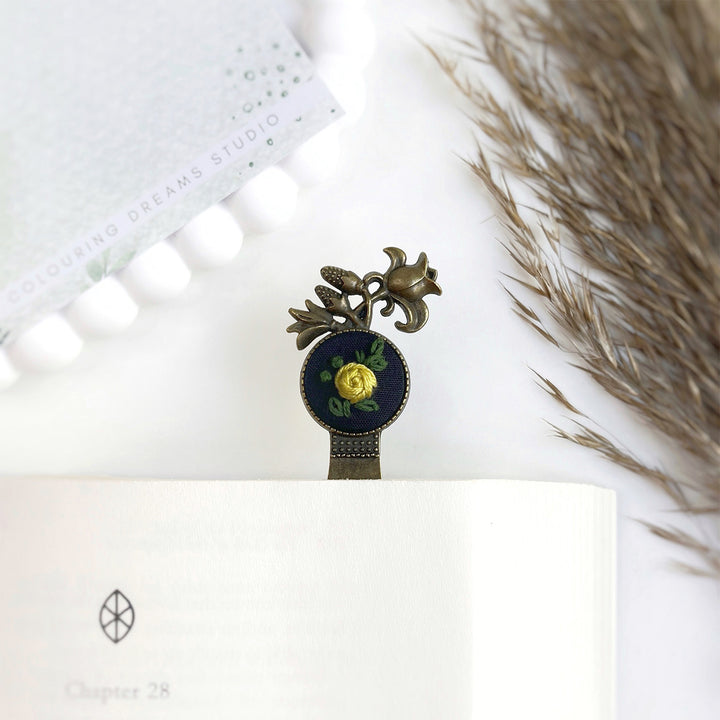 Hand Embroidered Rosa Lutea Bronze Bookmark