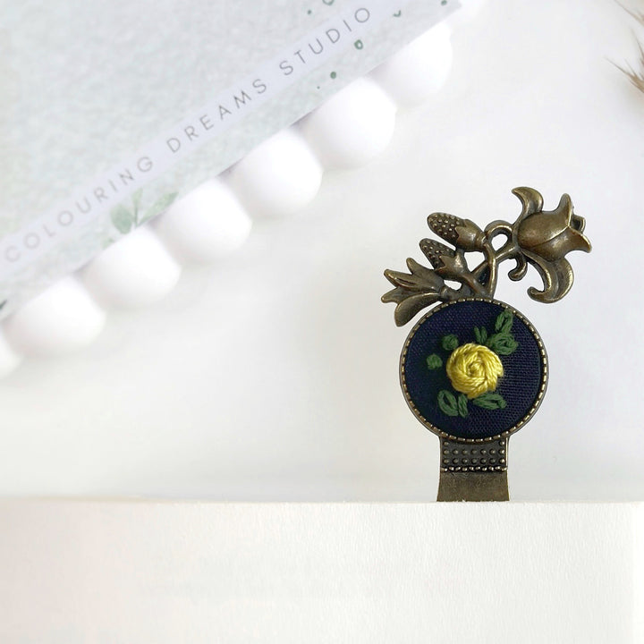 Hand Embroidered Rosa Lutea Bronze Bookmark