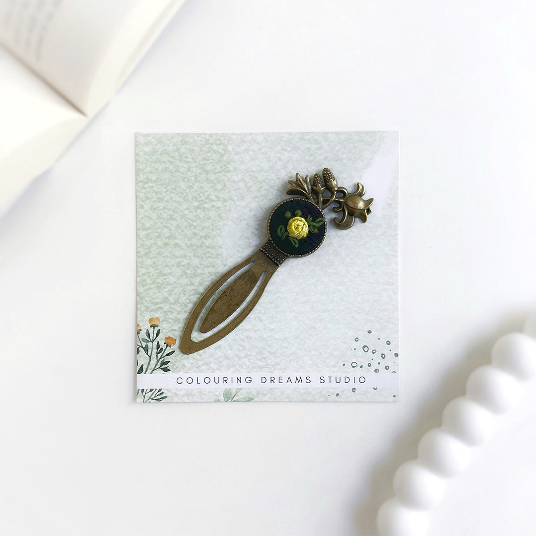 Hand Embroidered Rosa Lutea Bronze Bookmark