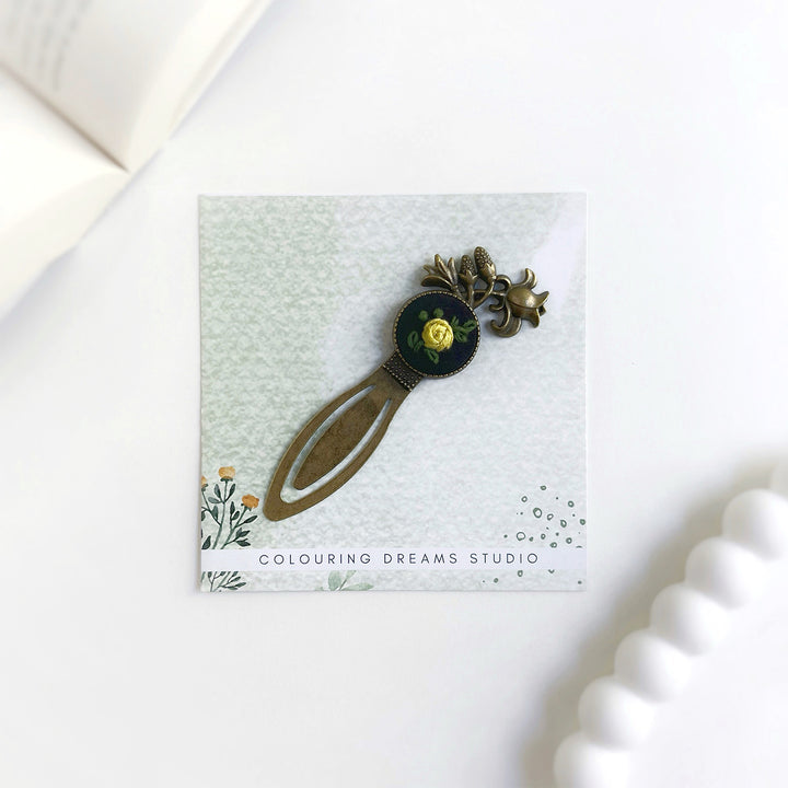 Hand Embroidered Rosa Lutea Bronze Bookmark