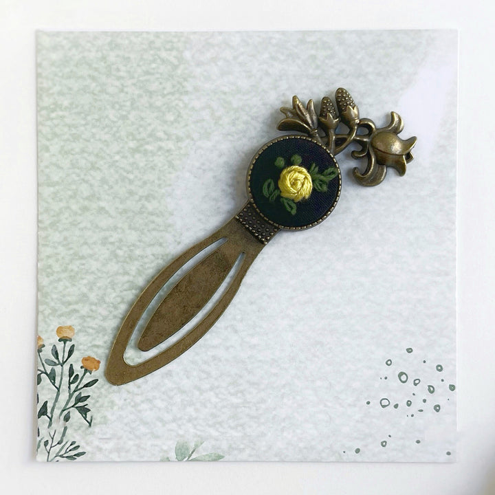 Hand Embroidered Rosa Lutea Bronze Bookmark