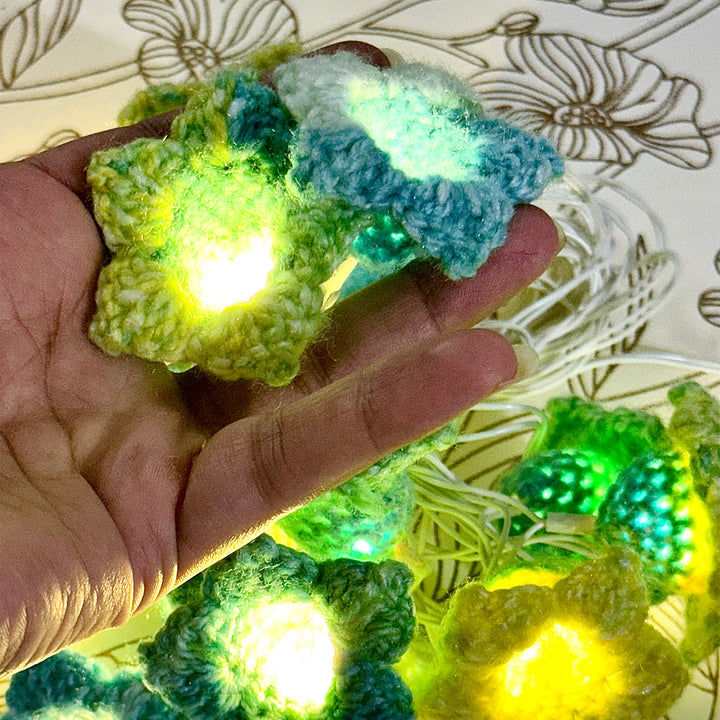 Handmade Champa Crochet Flower Wool LED Fairy Light For Festive Decor - Green