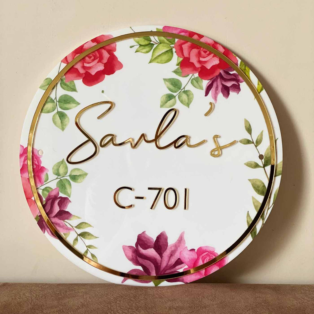 Personalised Pink Floral Round Acrylic Nameplate