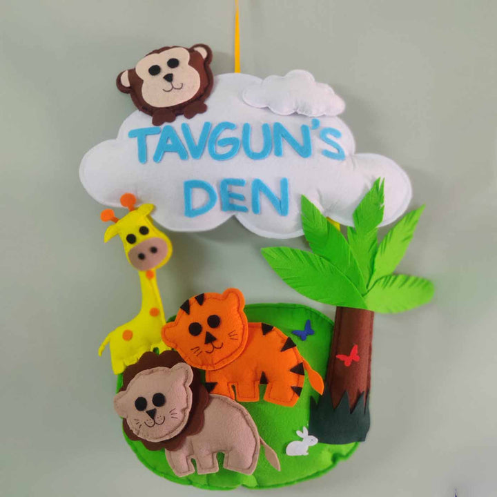 Personalized Handmade Jungle Theme Felt Kids Name Plate - Front View Hanging Name Personalization