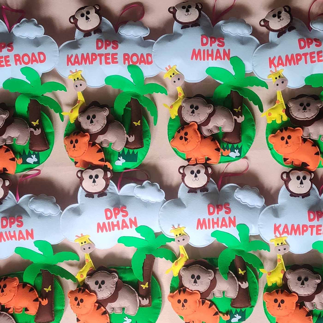 Personalized Handmade Jungle Theme Felt Kids Name Plate - Grouped Front View Hanging Tags