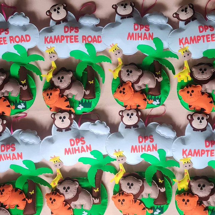 Personalized Handmade Jungle Theme Felt Kids Name Plate - Grouped Front View Hanging Tags