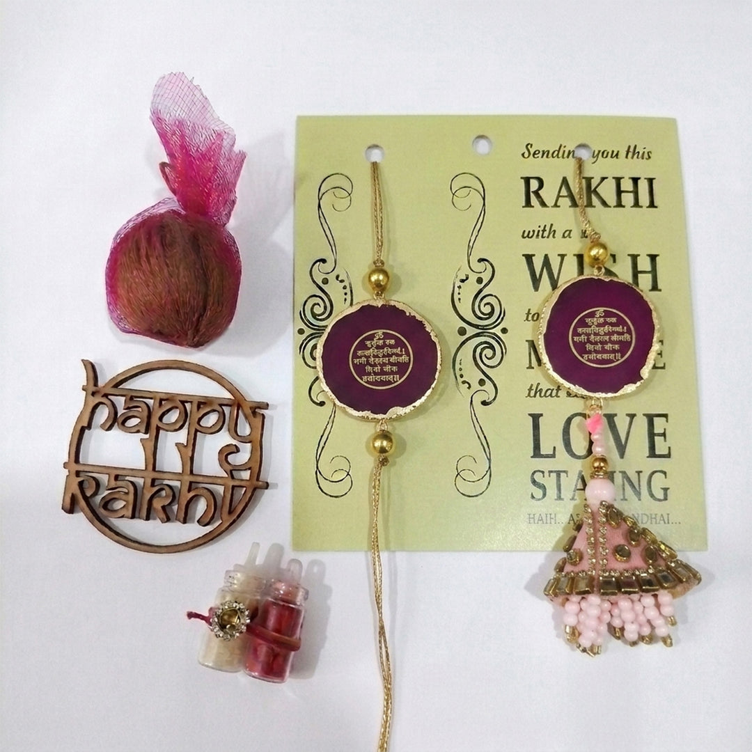 Handmade "Gayatri Mantra" Pink Premium Agate Bhaiya Bhabhi Couple Rakhi And Lumba Set With Roli Chawal, Nariyal And Gift Box | Set of 2