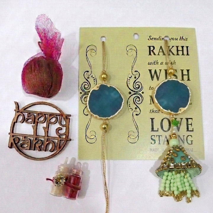 Handmade Green Premium Agate Bhaiya Bhabhi Couple Rakhi And Lumba Set With Roli Chawal, Nariyal And Gift Box | Set of 2