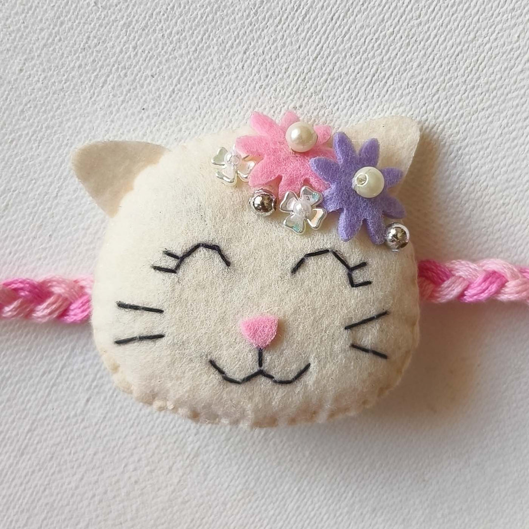 Soft Handmade Kitty Felt Rakhi With Roli Chawal for Kids