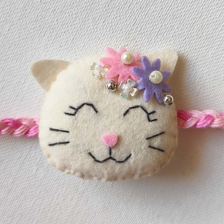 Soft Handmade Kitty Felt Rakhi With Roli Chawal for Kids