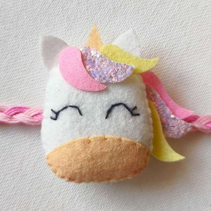 Soft Handmade Unicorn Felt Rakhi With Roli Chawal for Kids