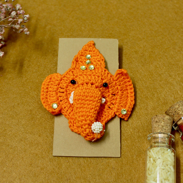 Handmade Crochet Ganpati Bappa Theme Rakhi With Roli Chawal for Kids