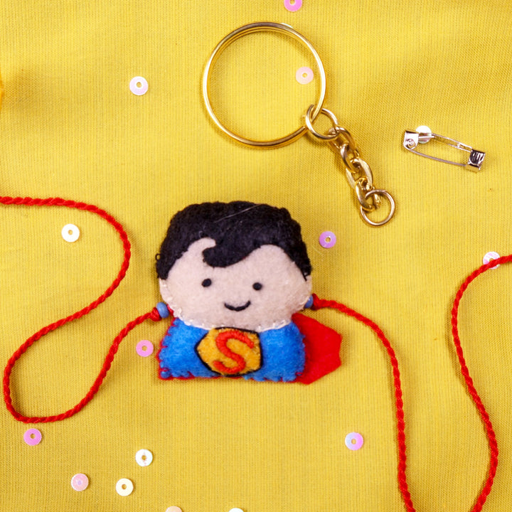 Hand Embroidered Superboy Rakhi With Brooch Pin & Keychain For Brother
