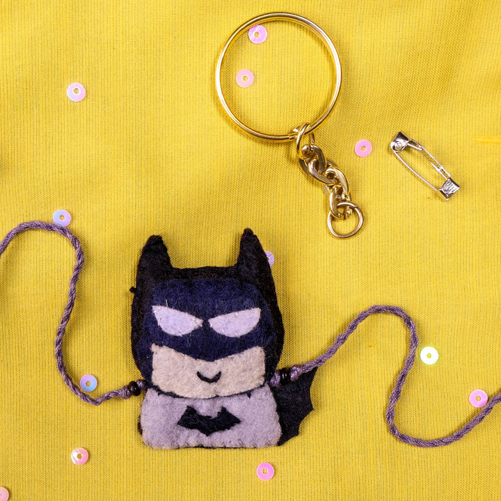 Hand Embroidered Batman Superhero Rakhi With Brooch Pin & Keychain For Brother