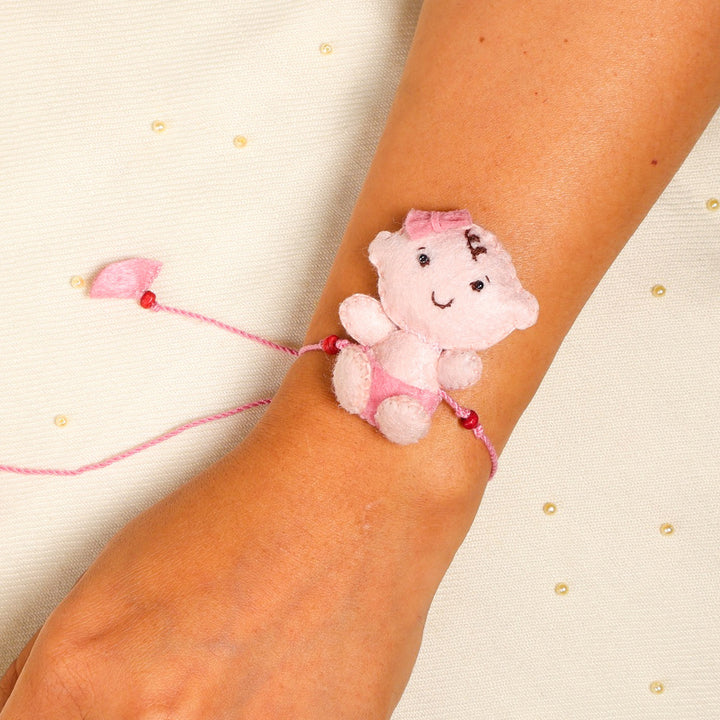 Hand Embroidered Adorable Baby Rakhi With Brooch Pin & Keychain For Baby Brother