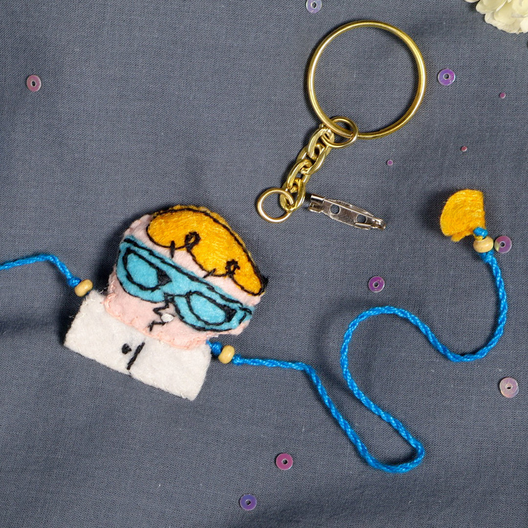 Hand Embroidered Dexter Rakhi With Brooch Pin & Keychain For Brother