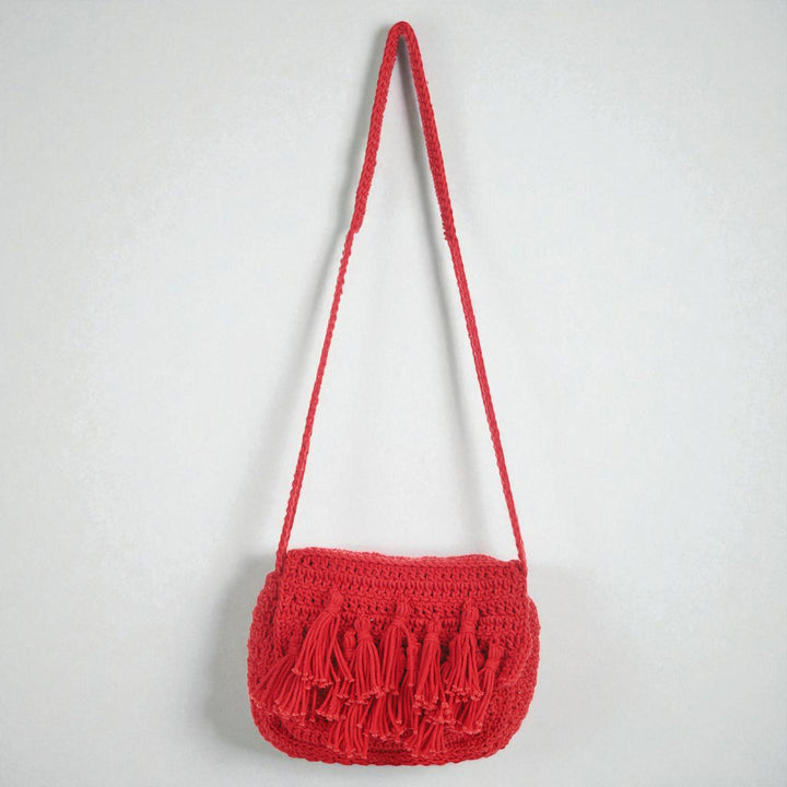 Handmade Crochet Red Tassel Sling Bag